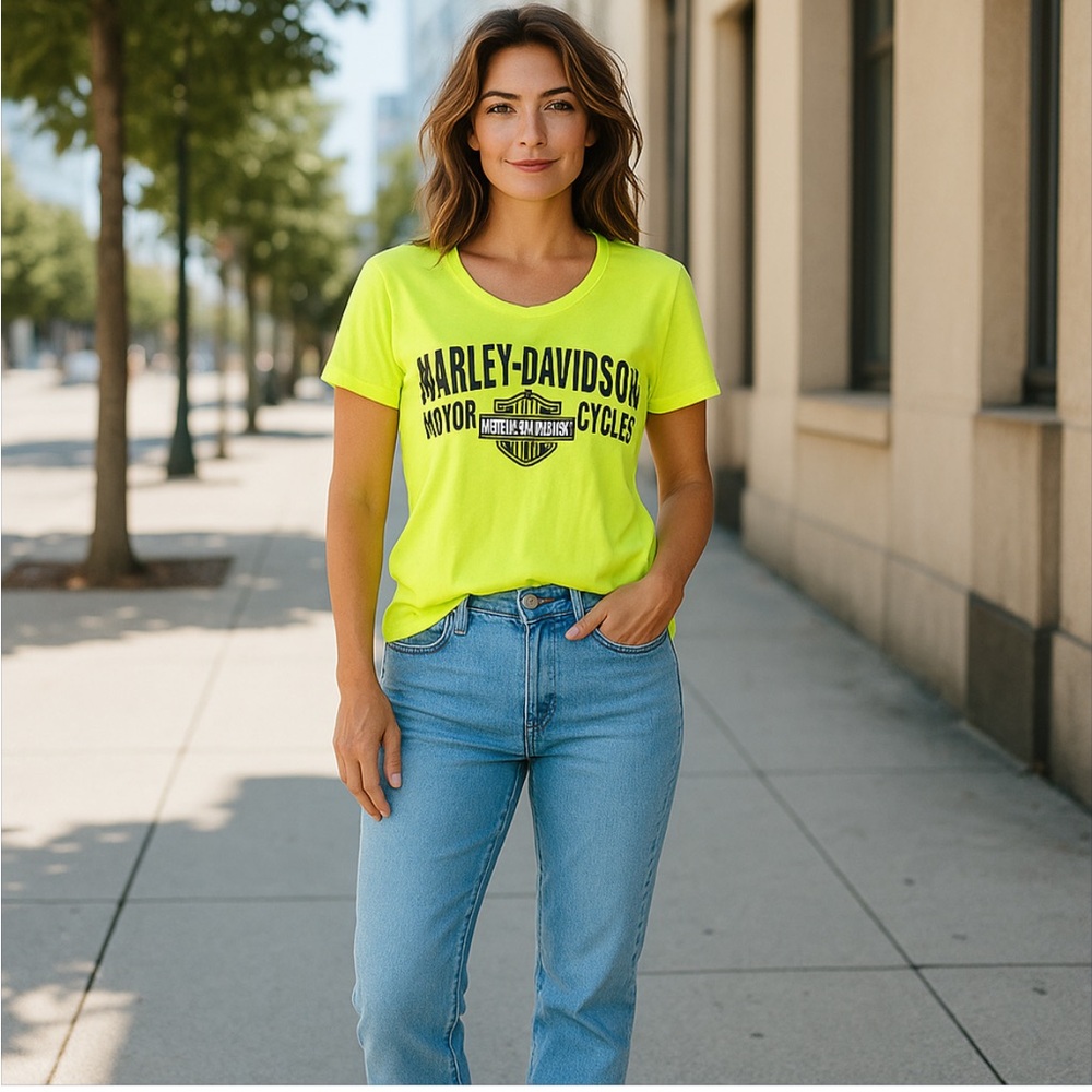 Harley Davidson fluorescent yellow vneck T-shirt